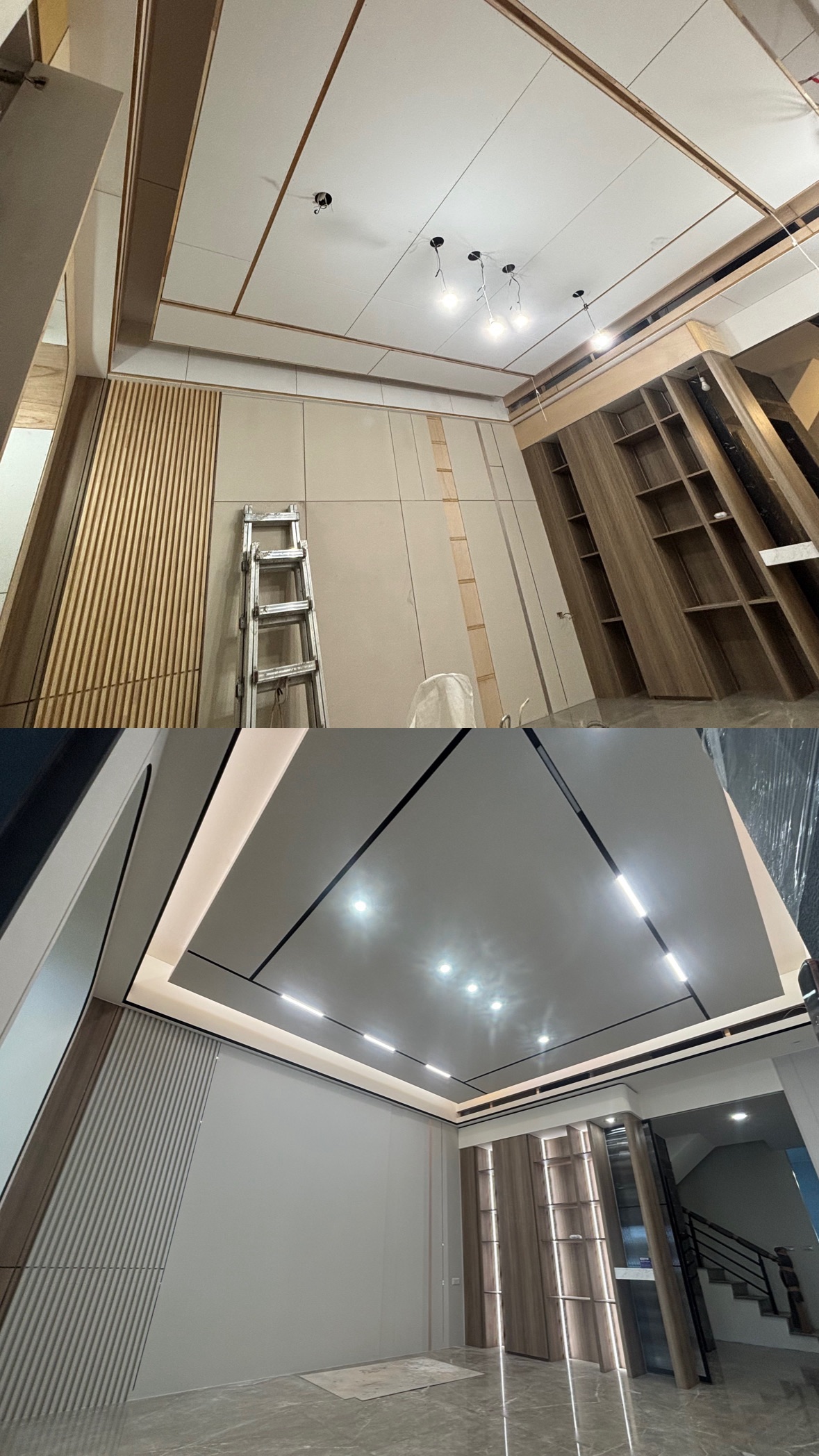 屏東室內天花板油漆施工前後對比：舊天花板整修翻新，完工後空間煥然一新